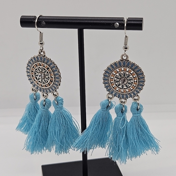 light blue and silver tone enamel disk earrings with tassels - Picture 2 of 4